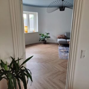 Stue med sofa, planter og stort vindue